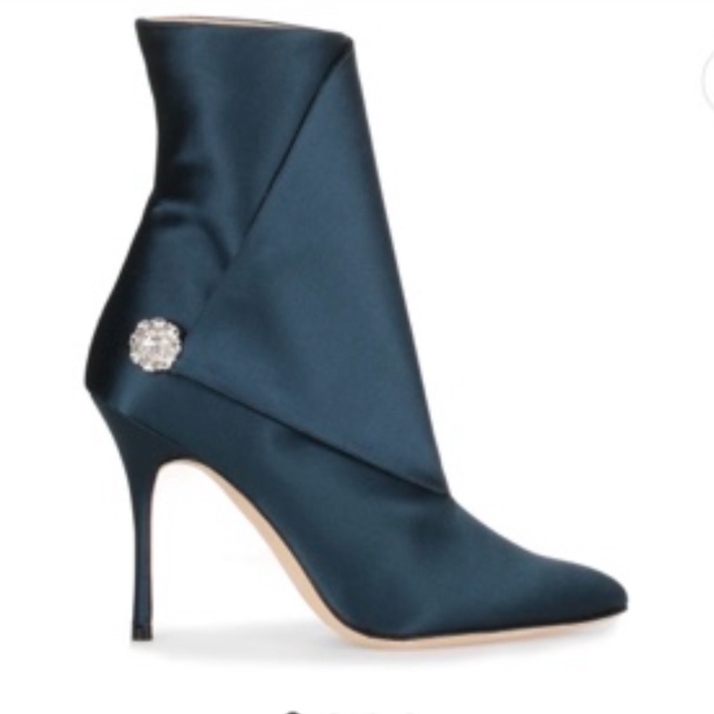 Manolo Blahnik Deep Blue Satin Ankle Boots with jewel buttons 7.5